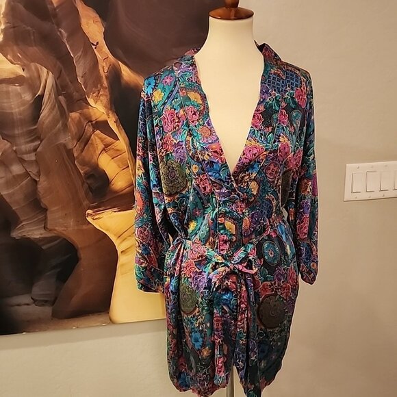 Vintage Victoria's Secret Silk Robe One Size Short Floral Colorful Lingerie